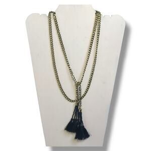 Vintage Gold Tone Chain Black Tassel Lariat Necklace‎ 54"